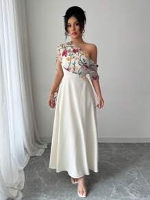 Elenzga Elegant French Style Asymmetric Neckline Mesh Embroidered Flared Hem Maxi Dress For Women, Versatile For Daily Wear, Spring/Summer Wedding Bride - Apricot - View 6