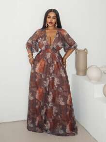 Maweii Summer Plus Size Elegant Fitted Mesh Printed Dress
