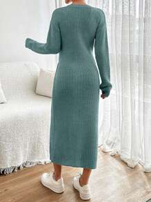 EURMUSE Cotton V-Neck Tie-Waist Design Medium-Length Bodycon Women Sweater Dress,Petite - Mint Green - View 2
