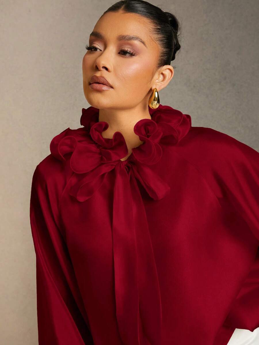Hauture Women's Solid Color Frill Trim Tie Neck Red Lantern Sleeve Elegant Blouse - Burgundy - View 1