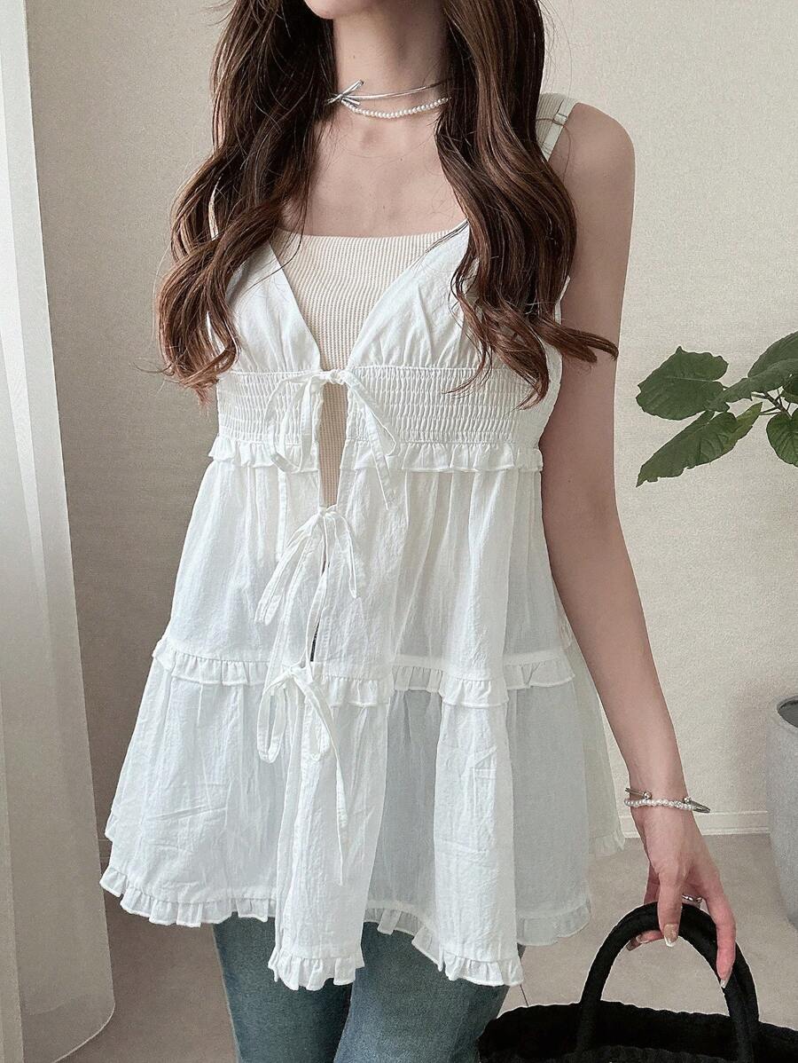 FRIFUL Women's Solid White Spaghetti Strap Mid-Length Loose Casual Versatile Layered Tie-Up Back Tank Top With Frill Trim,Babydoll Top - White - View 1