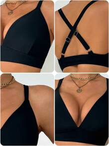Swim DD+ 女士夏季海滩纯色性感 DD+ 无钢圈比基尼上衣 - 黑色 - 查看 8