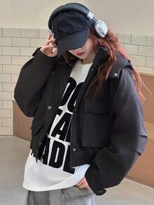 DAZY Teens (Girls) Hooded Casual Loose Winter Korean Style Solid Color Long Sleeve Padded Coat - Black - View 4