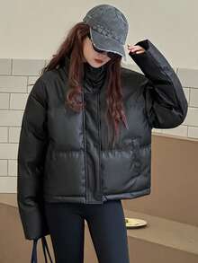 Dazy Kids Teen Girls' PU Casual Street Style Loose Solid Color Padded Coat, Winter Leather Jacket - Black - View 5