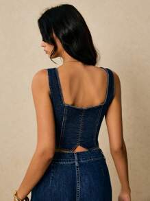 Poéselle 女式夏季休闲前扣无袖牛仔衬衫 - 深色水洗藍 - 查看 2