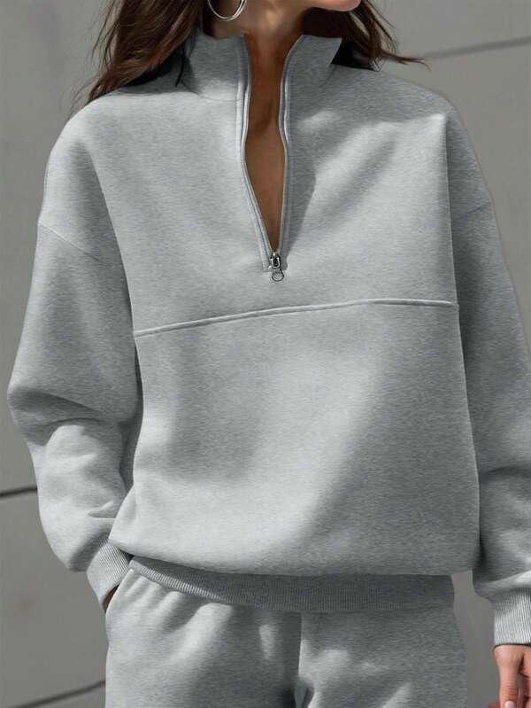INAWLY Women's Solid Color Drop Shoulder Long Sleeve Zipper Partial Placket Casual Hoodie, Autumn/Winter Graduation,Back To School Outfits,Graduation,Teacher Outfits For Women,Back To School