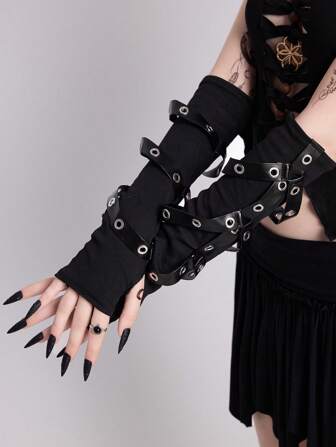 Grunge Punk 1 par de guantes sin dedos con remaches, punk gótico de estilo ciberpunk, con cordones funcionales para mangas de disfraz