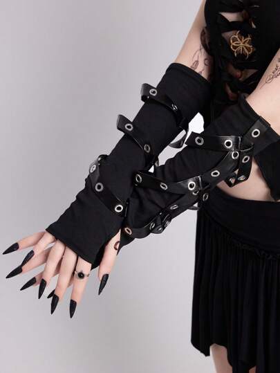 Grunge Punk 1 par de guantes sin dedos con remaches y cordones estilo cyberpunk, punk, gótico, manga funcional para cosplay, Halloween