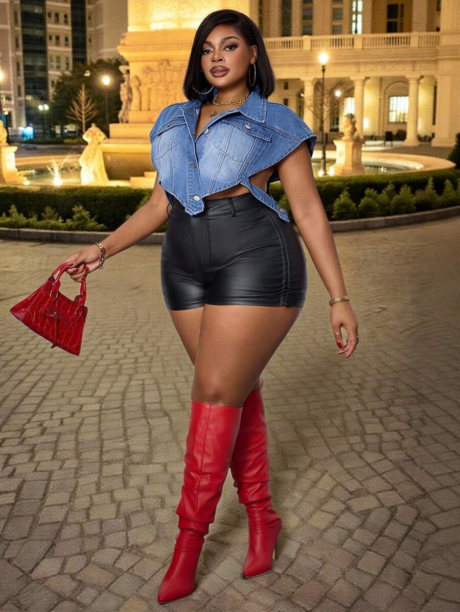 加大码性感镂空牛仔女牛仔夹克，街头风夏装 - 藍色 - 查看 1