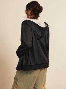 Freevana Plus Size Contrast Color Thermal Lined Warm Comfortable Hooded Jacket With Zipper Pockets Winter Clothes Fall Autumn - Black - View 2