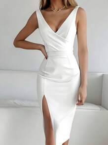 SHEIN Clasi Abito midi elegante e semplice da donna, con scollo a V, vita stretta e spacco