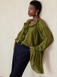 Aveloria Modichic Olive Green Blouse With V-Neck, Ruffle Trim And Lotus Sleeve Cuffs, Elegant Artistic Style & Art Casual For Autumn Walks And Cafe Chats Fall Cloth For Women - Multicolor - View 6