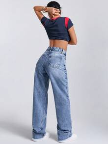 EURMUSE Pantalones vaqueros rectos de ajuste relajado y lavados, para uso casual de todos los días - Azul lavado medio - Ver 2