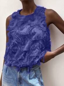 Maija Embroidered Purple Fabric Crew Neck Ruched Hem Feather Decor Casual Bohemian Style Loose Tank Top For Women, Comfortable Spring/Summer Beach Holiday Shoulder Showing Blouse Fringe Top Feather Top Ruffled Top Royal Blue Top Blue Fringe Top