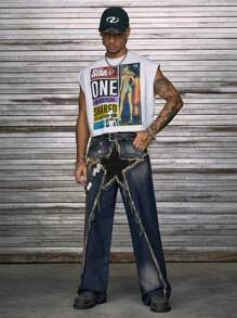 AXEPEAK Men's Casual Washed Distressed Colorblock Star Print Denim Jeans - Black - View 7