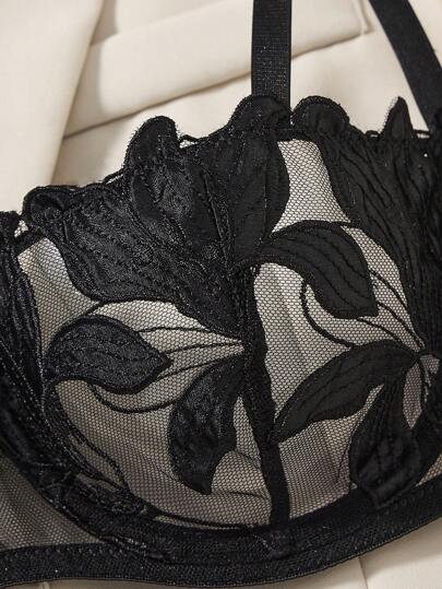 Esselle Verleidelijke Maple Leaf Kanten Semi Cup BH Slipje Set Butterfly Lingerie Cut Out Zwart Bloemen view 5