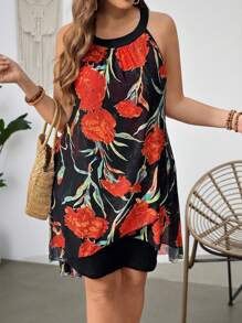 EMERY ROSE Plus Size Women Casual Mid-Length Mesh Patchwork Print Halter Neck Dress, Suitable For Casual Outdoor Wear, Summer - Multicolor - View 4