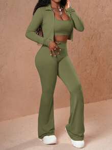 Slaydiva Bộ 3 áo không tay thường ngày cho nữ, áo cánh dài tay và quần dài - xanh quân đội - Xem 4