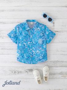Joliand 1 pieza Camisa de manga corta con estampado de piña floral azul casual y elegante para vacaciones en la ciudad, adecuada para ocio, uso diario, viajes, hogar, playa, verano para niños pequeños