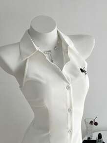 Elamini Vestido mini acampanado sin mangas con bordados, ajuste slim, para primavera/verano - Blanco - Ver 4