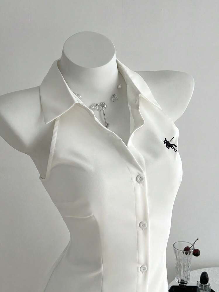 Elamini Vestido mini acampanado sin mangas con bordados, ajuste slim, para primavera/verano - Blanco - Añade 4