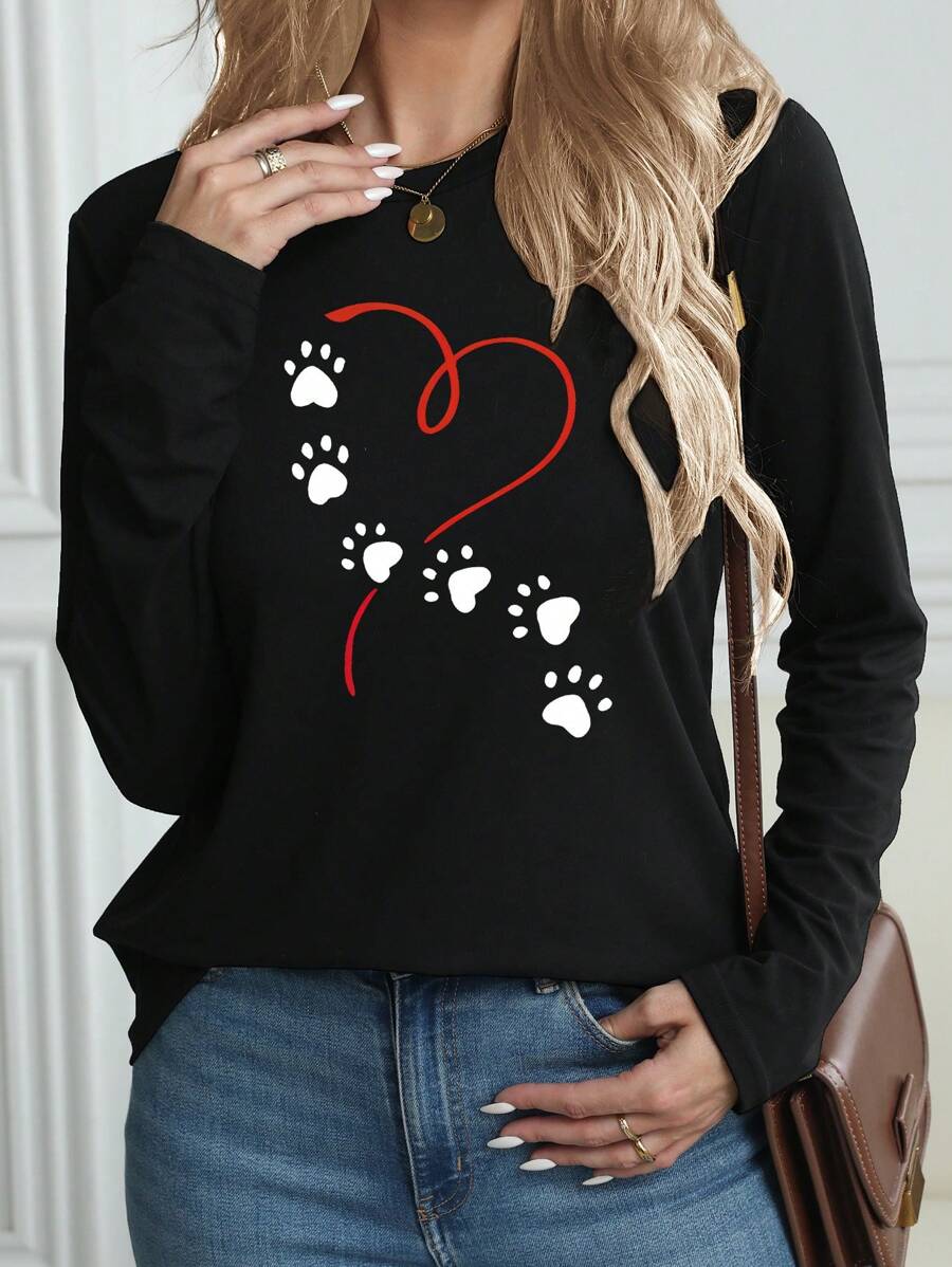 SHEIN LUNE Fitted Long Sleeve Casual T-Shirt With Heart Print For Women, Crew Neck Comfy Tops, Spring Autumn Graphic Tees Women Tops For Spring Fall - Black - View 1
