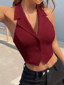 SHEIN EZwear Deep Red Woven Lapel Women's Suit Jacket In Fall/Winter - Burgundy - View 4