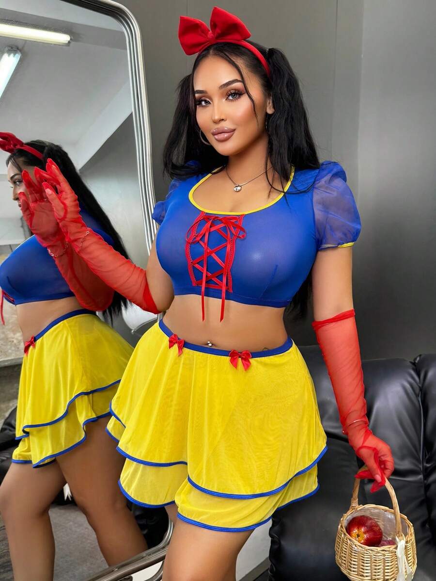 SHEIN 大码圆领泡泡袖撞色饰边蝴蝶结上衣和迷你裙三件套内衣套装 - 彩色 - 查看 1