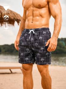 Manfinity Swimmode Men's Palm Tree Print Drawstring Waist Beach Shorts - Black - View 1