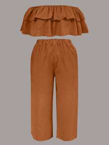 Set de 2 piezas de top con hombros descubiertos y pantalones de pierna ancha de talla grande para mujer - Óxido marrón - Ver 5