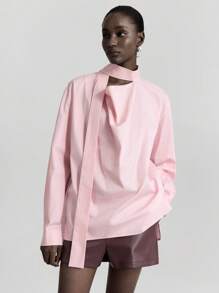 Ontre Modern Urban Style Minimalist Comfort Design Pink Women's Blouse, Long Sleeve Side Slit, Lapel Collar Blouse, Casual Daily/Commuting/Leisure Wear, Business Casual, 2025 New Arrival, Early Autumn - Pink - View 4