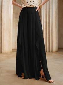 GENKIRA Calça feminina nova, cintura alta, alargada, cor sólida, casual, perna larga - Preto - Ver 6