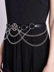 ROMWE Goth 1 件女士黑色镂空星星和圆圈装饰链腰带，朋克风格装饰，适合日常穿着 - 黑色 - 查看 4