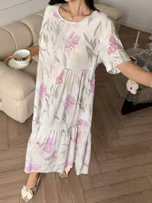 DAZY 女士花卉印花宽松短袖睡袍/睡衣裙，Moo Moo 睡衣裙 - 淺灰紫 - 查看 5