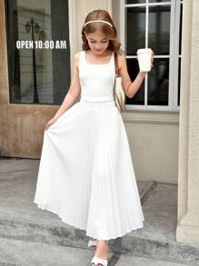 SHEIN 青少年女孩休闲法式优雅方领罗纹针织背心和百褶裙两件套，返校装，母子装 - 白色 - 查看 5