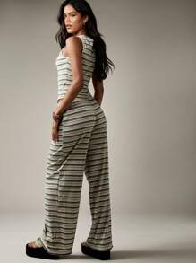 MISSGUIDED Conjunto de coordinado de pantalones anchos de canalé con botones delanteros a rayas, ropa de playa y descanso para vacaciones de verano - Multicolor - Ver 2