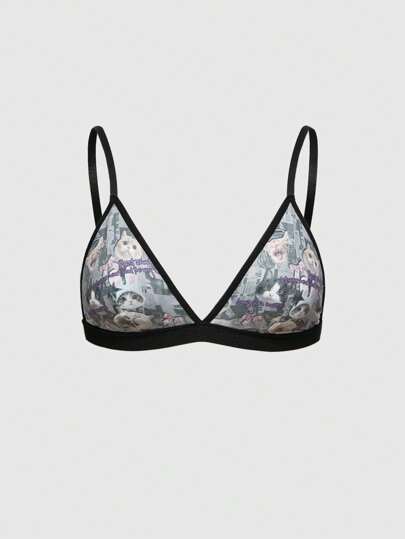 ROMWE Avant Fashionable Music Festival Carnival Cute Cat Printed Wireless Bra For Women