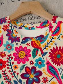 INAWLY Vacation Rustic Style Colorful Vintage Floral Print Round Neck Casual T-Shirt For Spring And Summer - Khaki - View 3