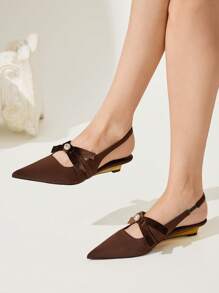 CUCCOO CHICEST New Summer Women Shoes, Elegant Romantic Pointy-Toe Wedge Heels With Pearl & Bow Decor, Chocolate Color, Suitable For Tea, Dates, Parties, Fashion Outfits - Brown - View 3