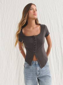 Nöista Women's Dark Grey Summer Chic Short-Sleeved Top,Highly Elastic Knitted Fabric,Square Collar,Metal Button,Cross Slit Hem,Night Out Modern Style - Dark Grey - View 6