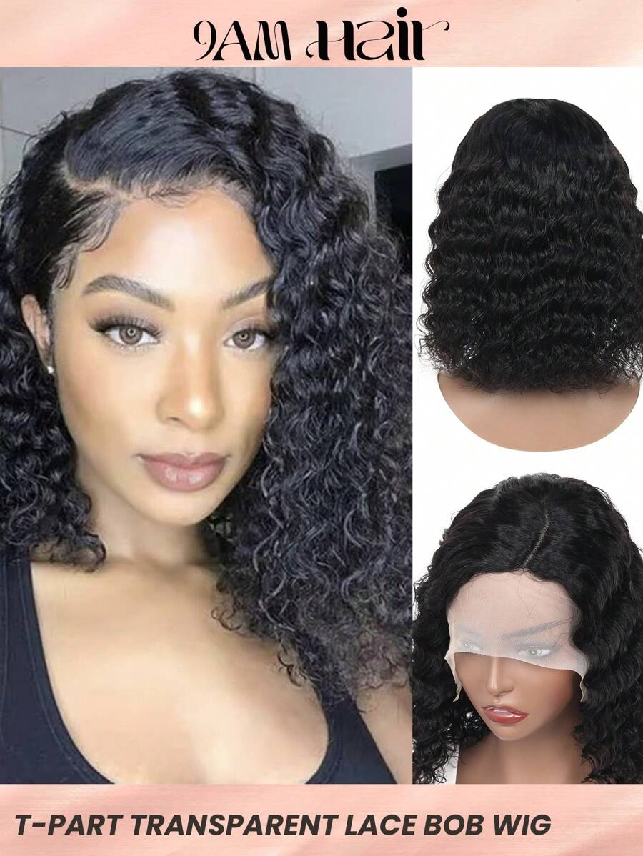Pelucas De Cabello Humano Estilo Bob Corto Con Ondas Profundas Y Densidad Del 150%, Con Parte Lateral Y Frontal De Encaje, De Cabello Virgen Brasileño Para Mujer - Natural Black - Ver 1
