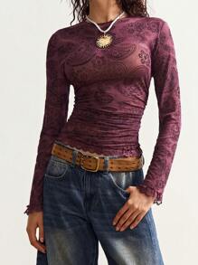 Bohemela Áo thun nữ cổ tròn tay dài in họa tiết Paisley cỡ lớn thời trang ôm sát - Màu tím - Xem 5