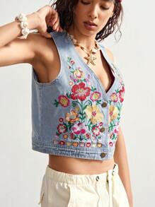 Bohemela Boho Vacation Style Sleeveless Crop Denim Embroidered Lightweight Jacket For Women Denim Vest Embroidered Vest Summer Vest In Fall/Winter - Blue - View 13