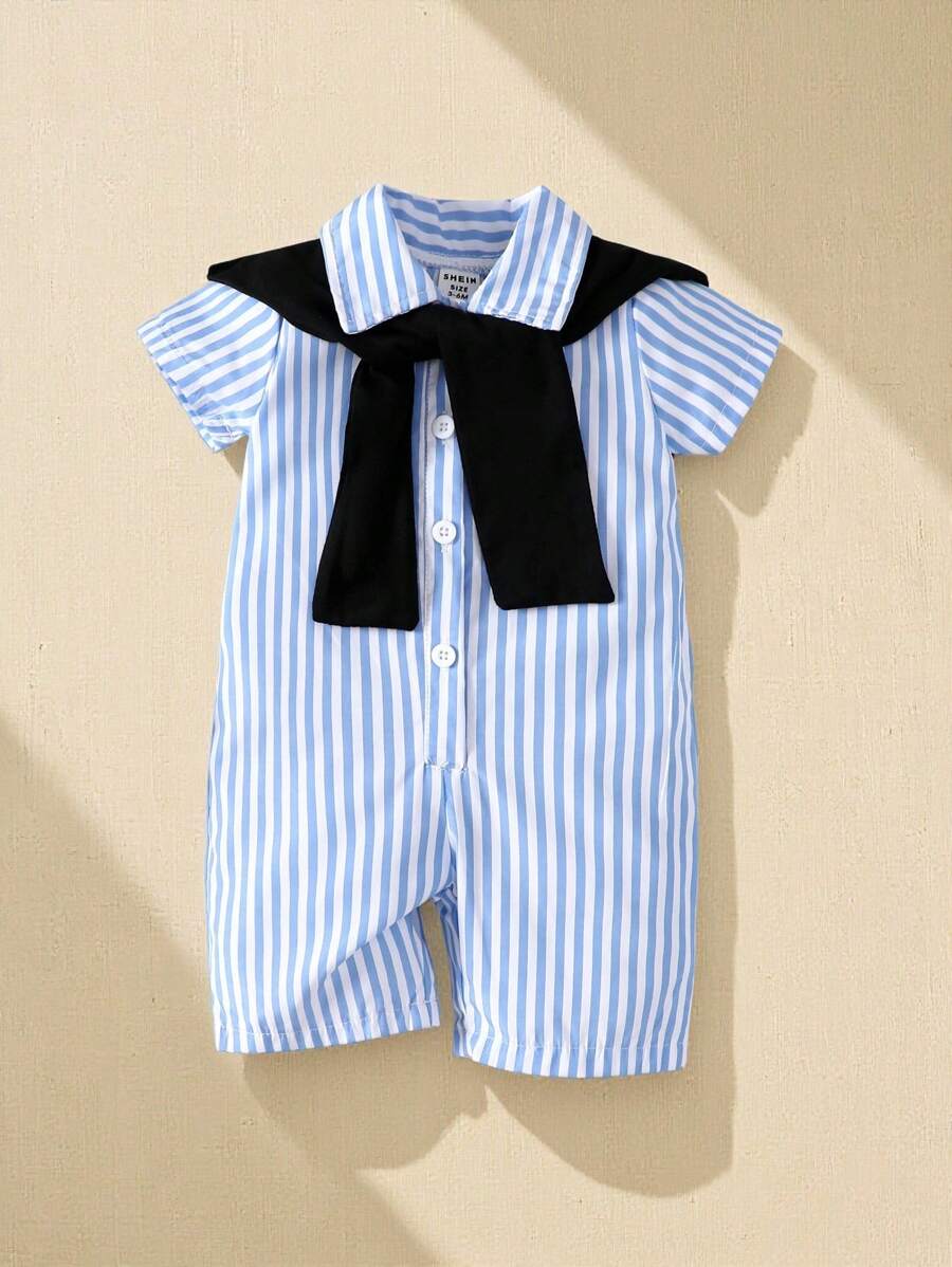 Souflis Souflis 嬰兒男童夏季休閒條紋爬服連披肩