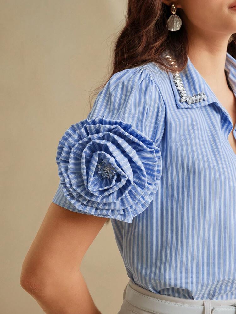 春夏デザイナーTシャツ 3Dフローラル衿 ラインストーンデコレーション