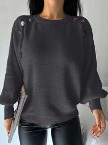 EURMUSE 女士休闲宽松简约圆领长袖套头毛衣，百搭日常穿着 - 灰色 - 查看 5