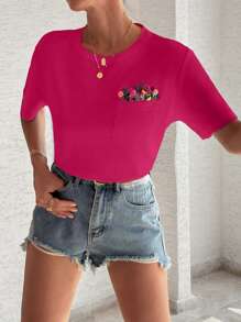EURMUSE 100%Cotton T-Shirt With Flower Embroidery, Round Collar, Pocket Details - Hot Pink - View 7