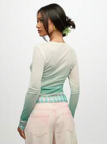 SUMWON WOMEN Áo thun tay dài co giãn lưới cắt cúp nhẹ họa tiết cây cọ Santa Monica cho kỳ nghỉ hè tại khu nghỉ dưỡng bãi biển - Màu xanh Bạc hà - Xem 2