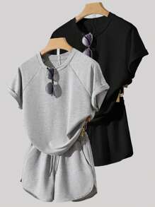 INAWLY Set de 2 blusas casuales sueltas de manga raglán de manga corta para mujeres - Multicolor - Ver 1