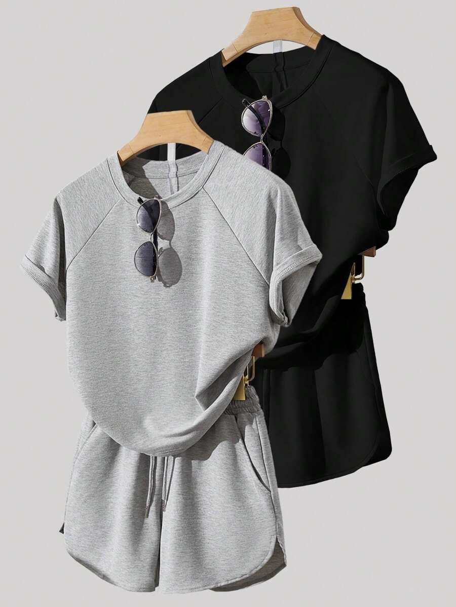 INAWLY Set de 2 blusas casuales sueltas de manga raglán de manga corta para mujeres - Multicolor - Ver 1